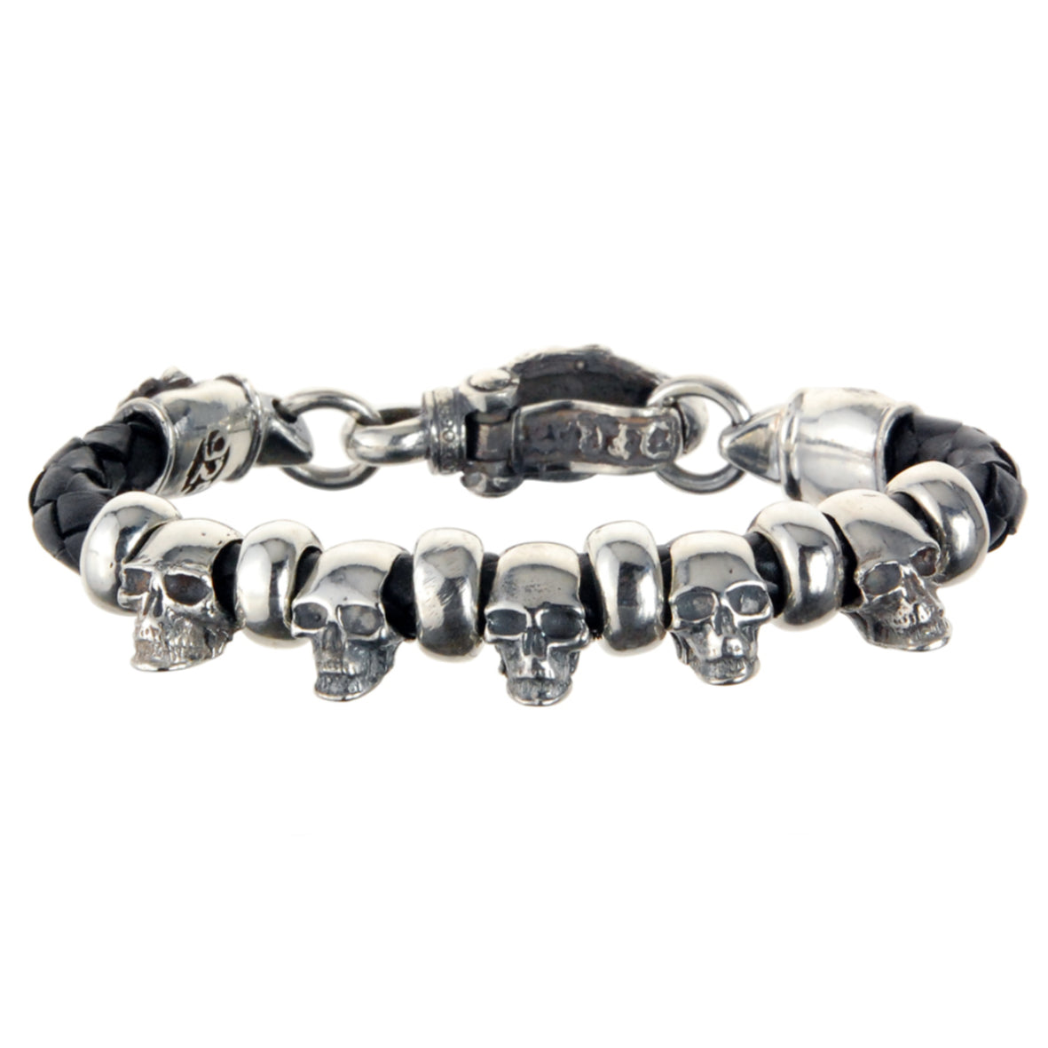 Silber-Lederarmband SKULL Spangenschloss und kleine Totenköpfe Röhren und Ringe für 6 mm Leder