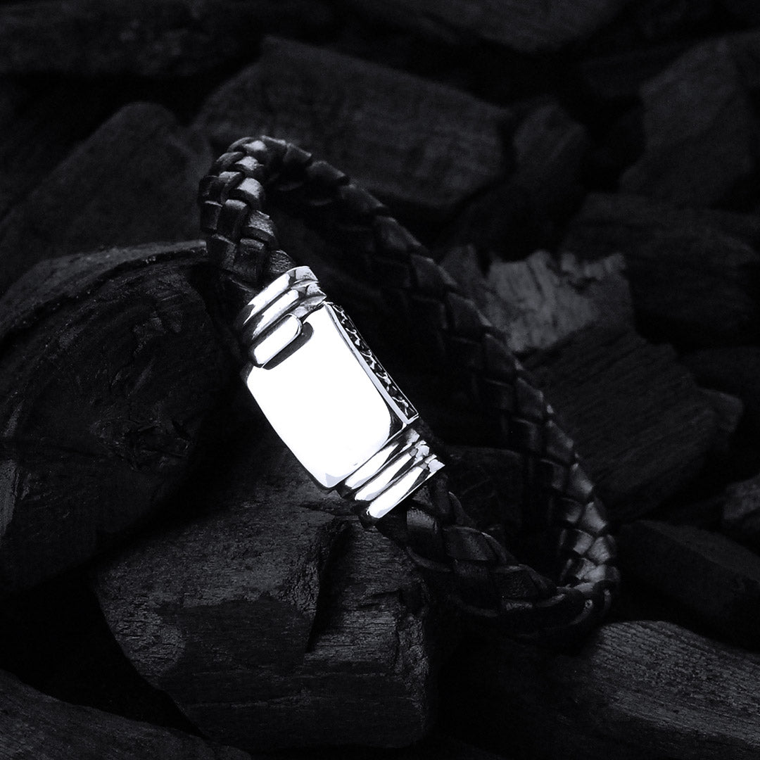 Silver-Leather Bracelet PLAIN Boxlock with MORNING STAR Sides for 10mm leather