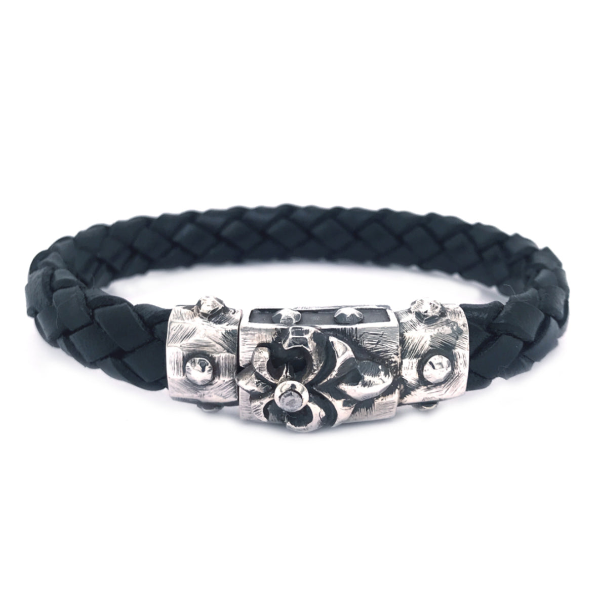 Silver-Leather Bracelet LILY Faceted Boxlock with METEORITE for 10mm leather