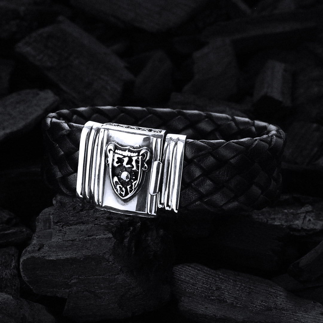 Silbernes Lederarmband SHIELD mit METEORIT-Verschluss für 22 mm Leder