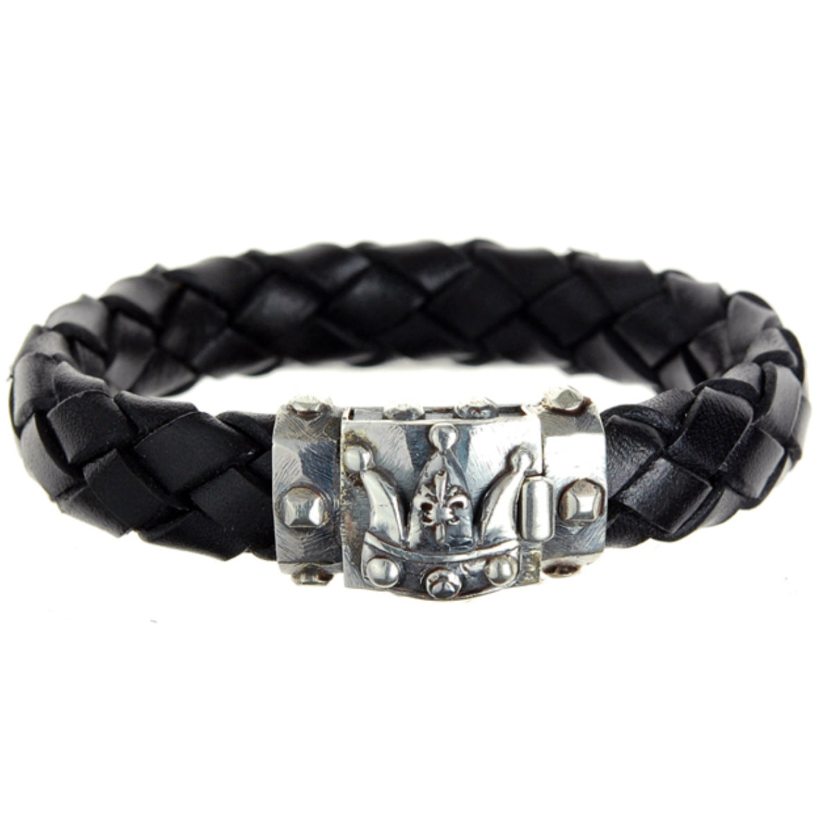 Silver Leather Bracelet CROWN Faceted Boxlock 13