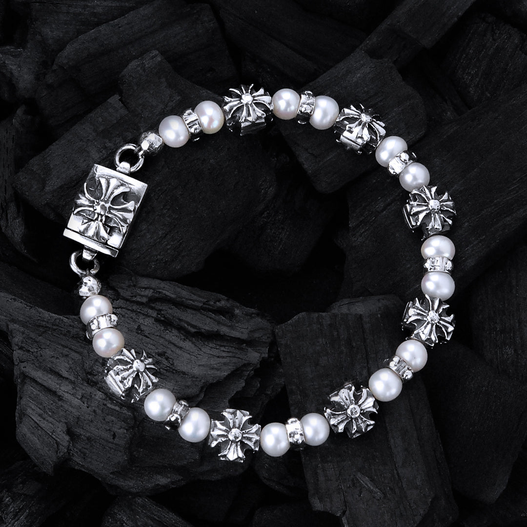 Silbernes Armband mit PERLEN und GRIECHISCHEN MALTESERKREUZEN und Schloss