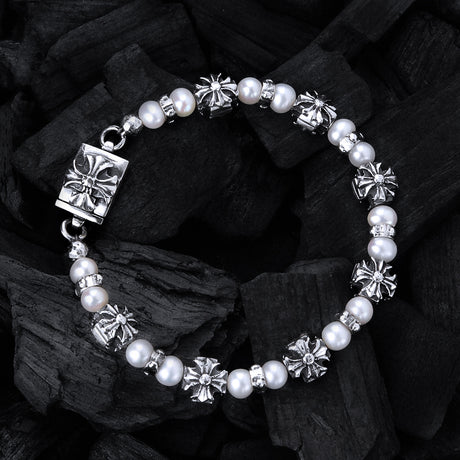 Silbernes Armband mit PERLEN und GRIECHISCHEN MALTESERKREUZEN und Schloss