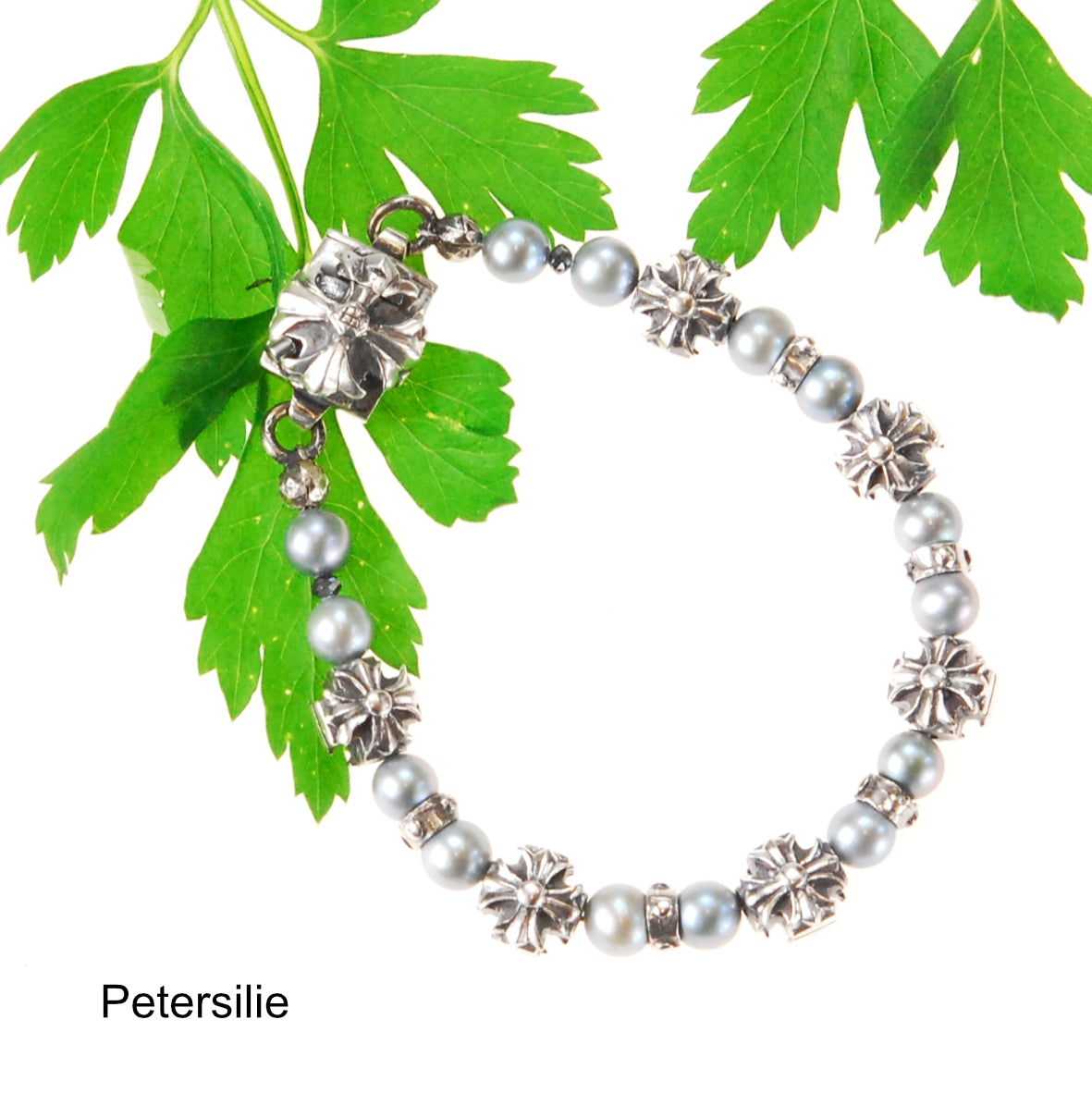 Silbernes Armband mit PERLEN und GRIECHISCHEN MALTESERKREUZEN und Schloss