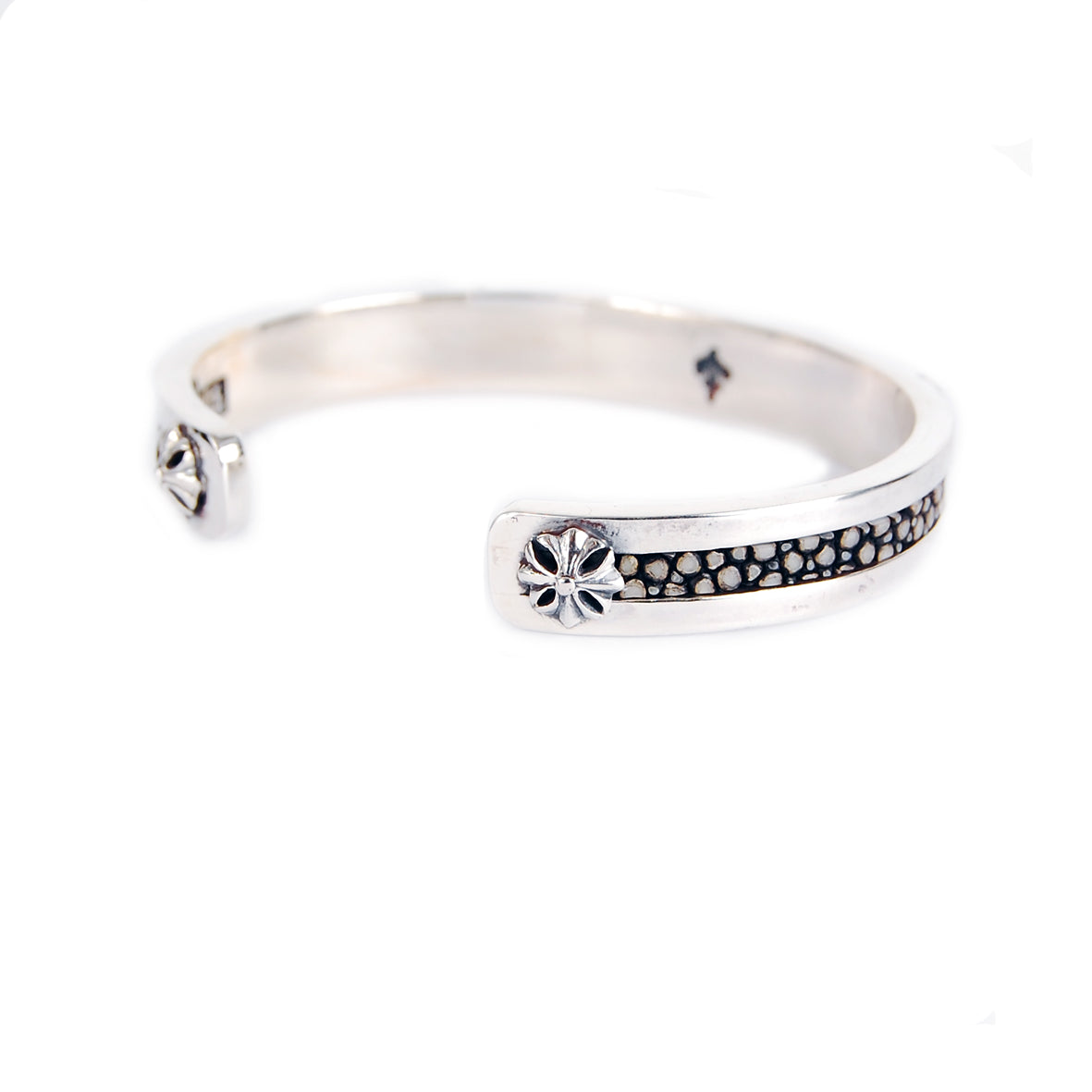 Silver Bangle SEARAY Leather Stripe with CROWNS, DRAGON and Cross