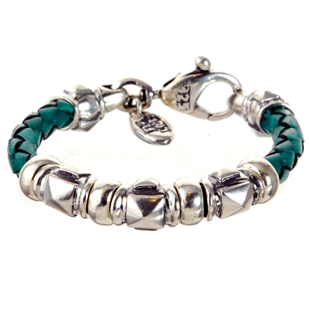 Silver-Leather Bracelet Barrel PYRAMIDES and Carabiner 6
