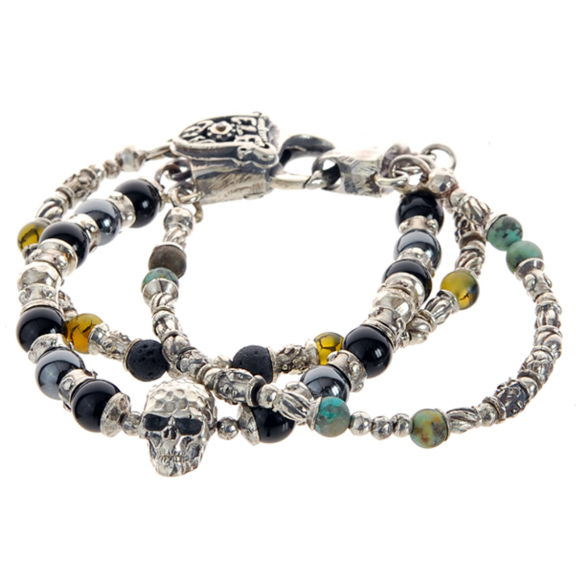 Silver Bracelet Silver Beads and TUBES and SKULL Hammered and Stone Beads