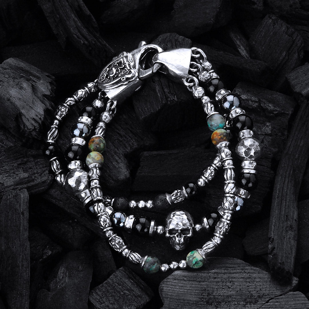 Silver Bracelet Silver Beads and TUBES and SKULL Hammered and Stone Beads