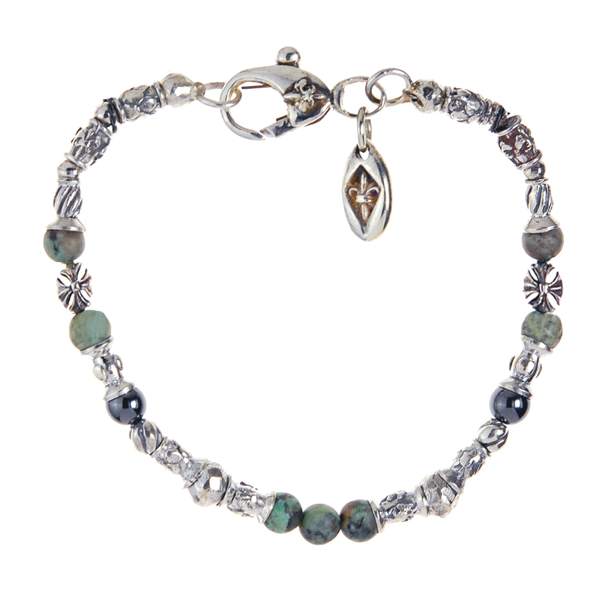 Silver Bracelet TUBES Elfin Lilies, Dragon Scales Spirals Stars with MALTESER CROSS and Beads