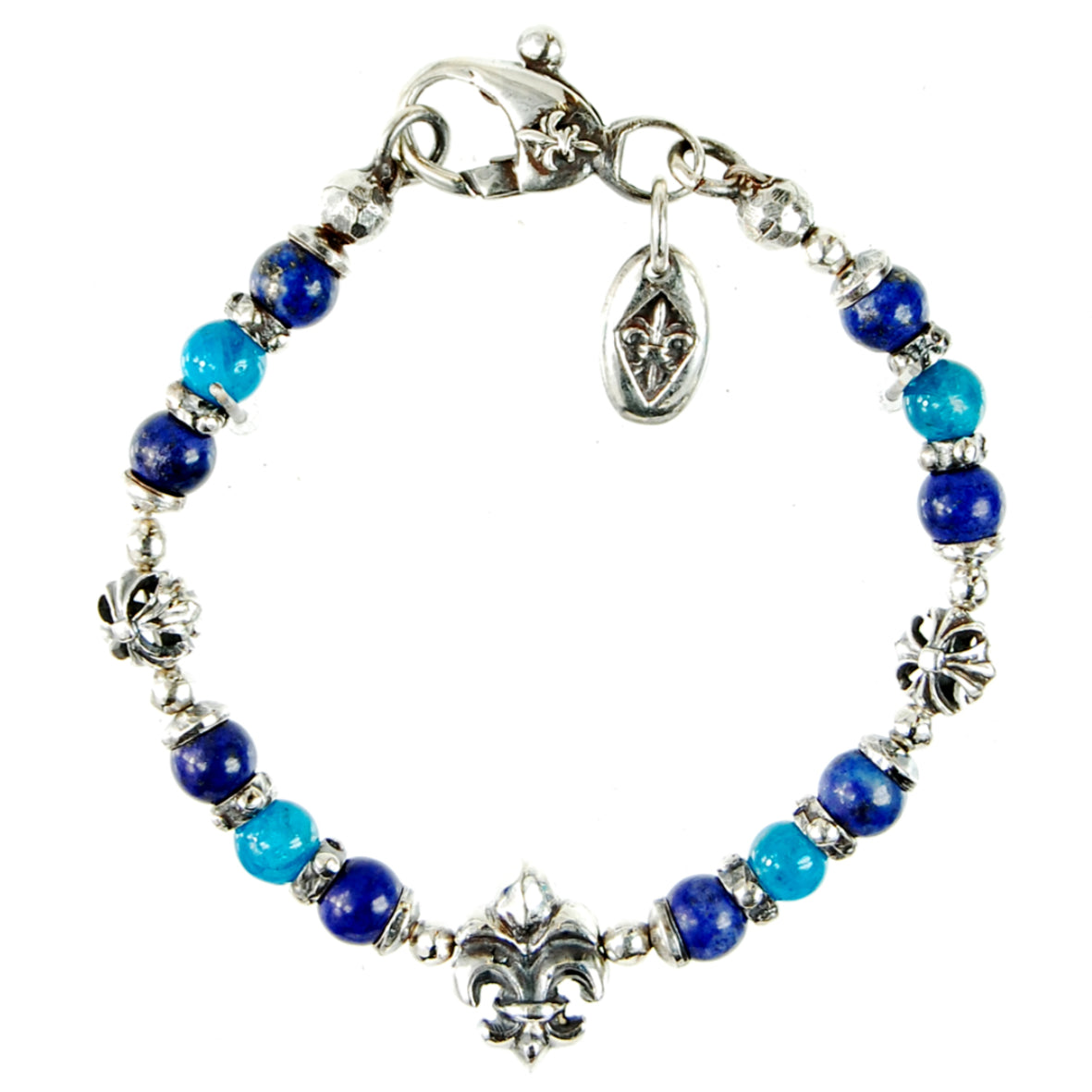 Silber Armband Perlen und LILIEN- und Malteser Cross Silberkugeln sowie Karabiner