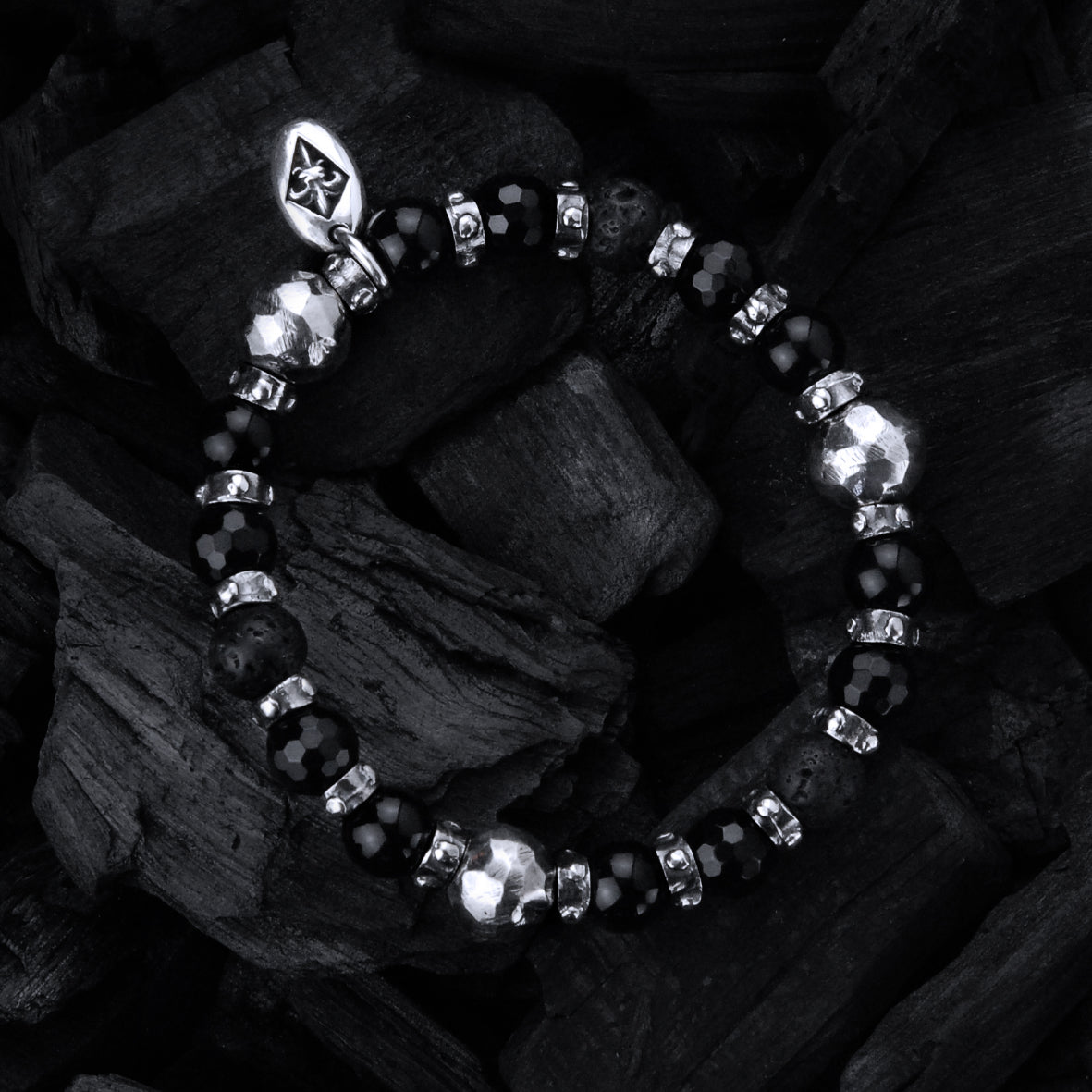 Silver and Beads Bracelet with FACETED SILVER BALLS on Rubber