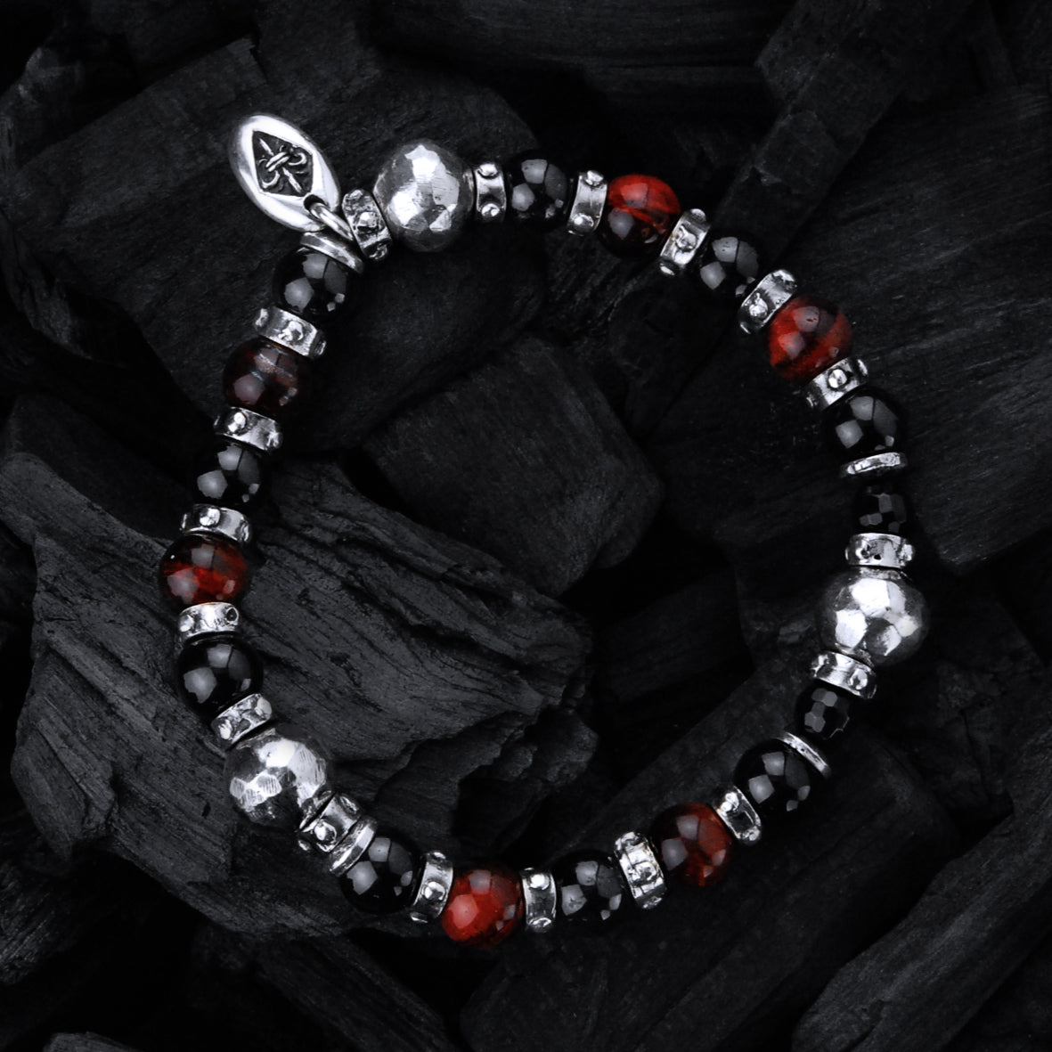 Silver and Beads Bracelet with FACETED SILVER BALLS on Rubber