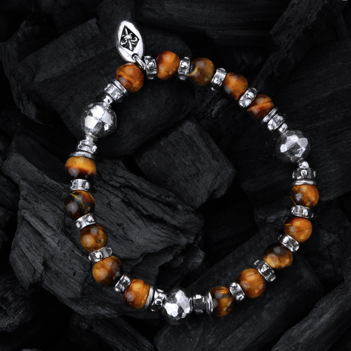 Silver and Beads Bracelet with FACETED SILVER BALLS on Rubber