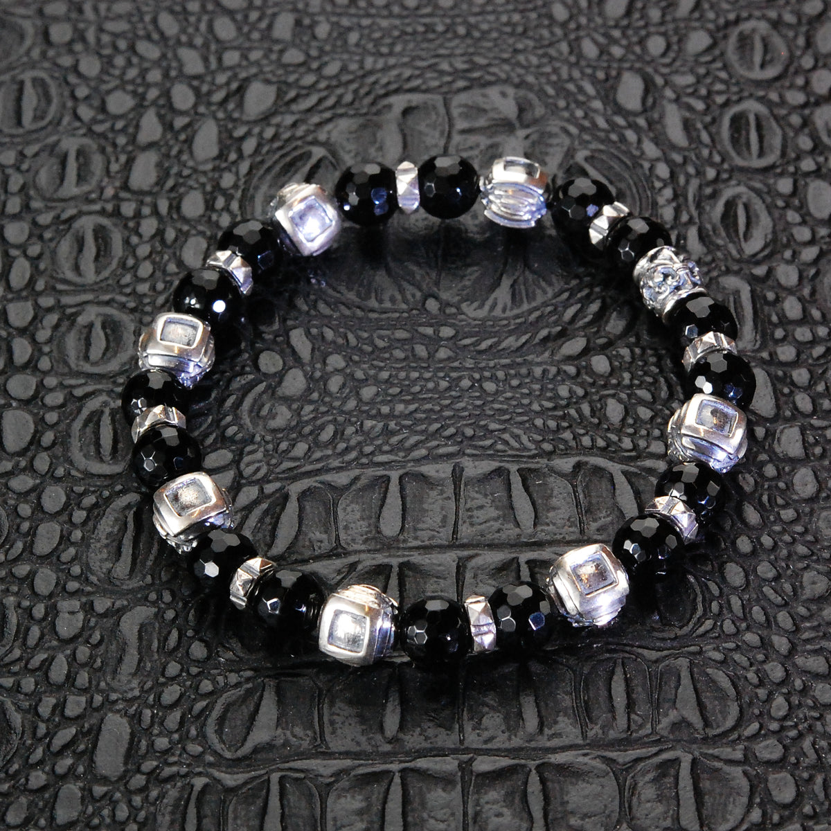 Square Silver Steps Cubes Bracelet with Beads or Pearls