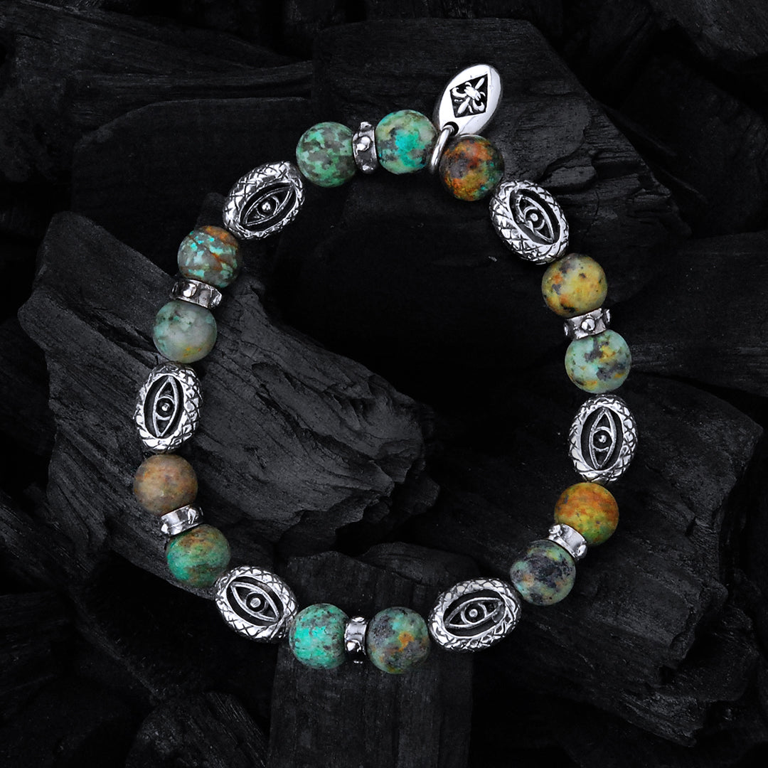 Silver Bracelet with 12 mm DRAGON EYES with Beads 08 on Rubber