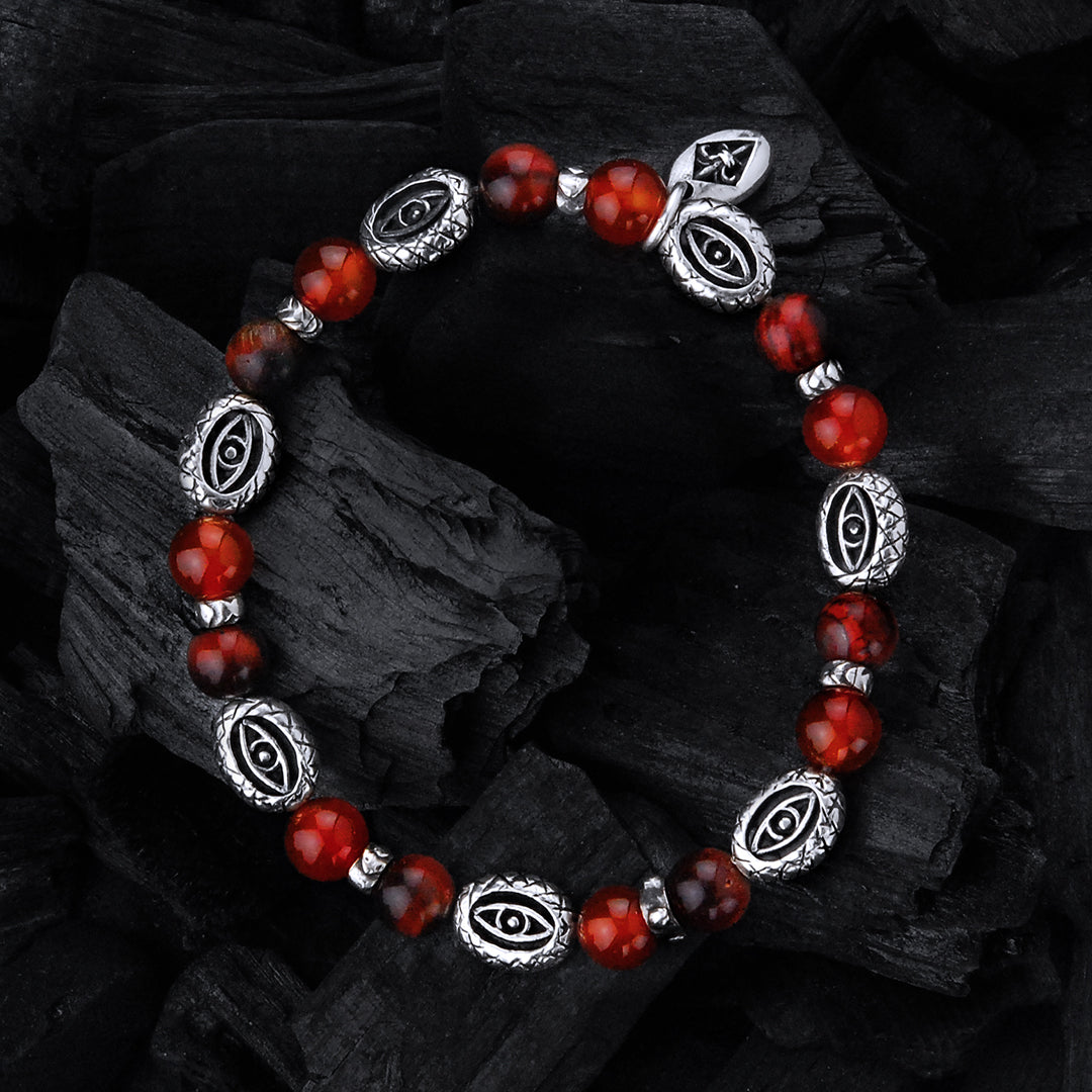 Silver Bracelet with 12 mm DRAGON EYES with Beads 08 on Rubber