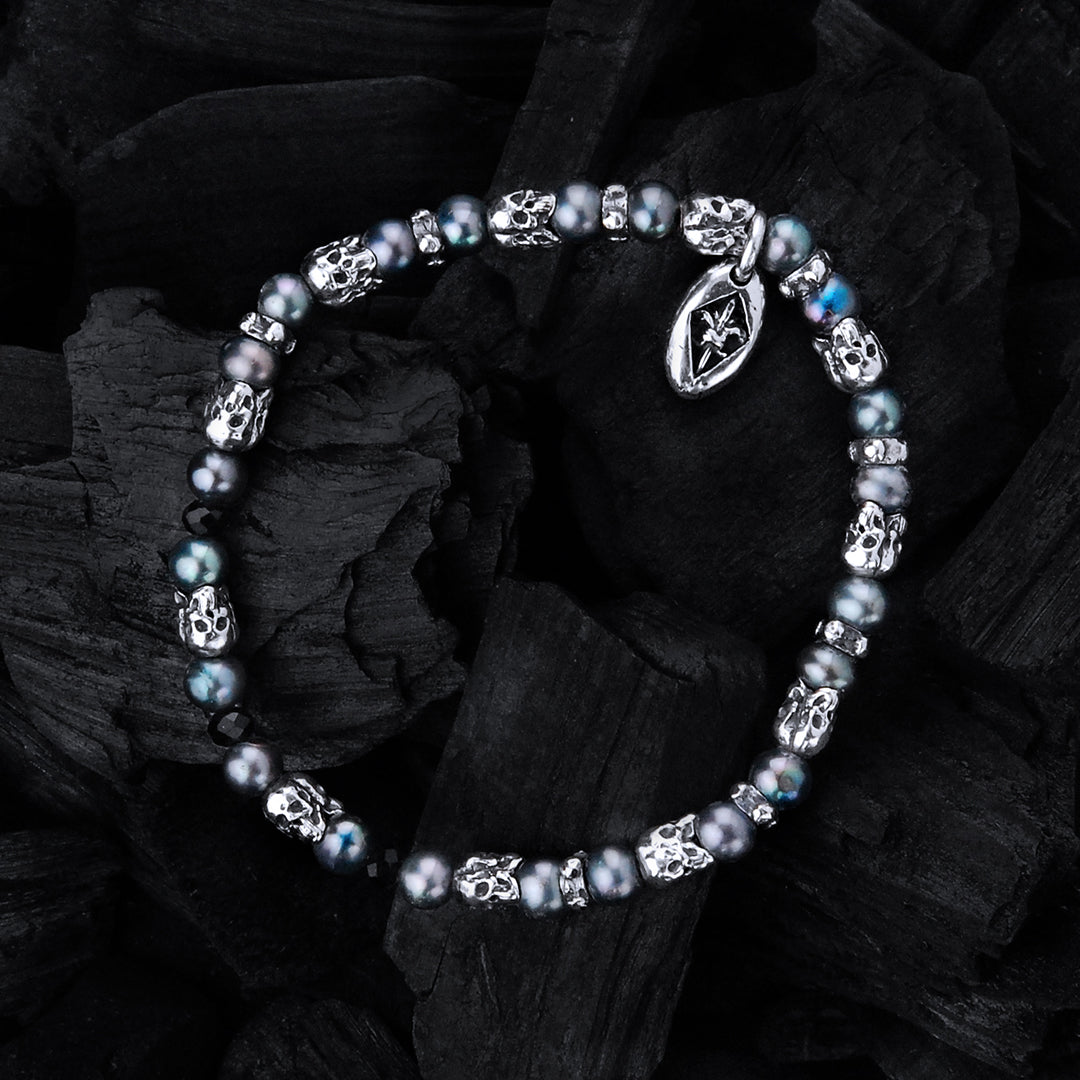 Silver Bracelet with Triple Mini SKULLS and genuine Pearls on Rubber 5