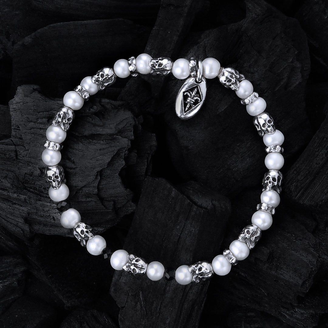 Silver Bracelet with Triple Mini SKULLS and genuine Pearls on Rubber 5