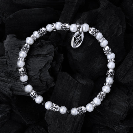 Silver Bracelet with Triple Mini SKULLS and genuine Pearls on Rubber 5