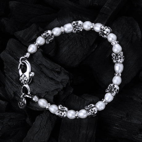 Silver Bracelet with Triple Small SKULLS  and Beads or Pearls 8