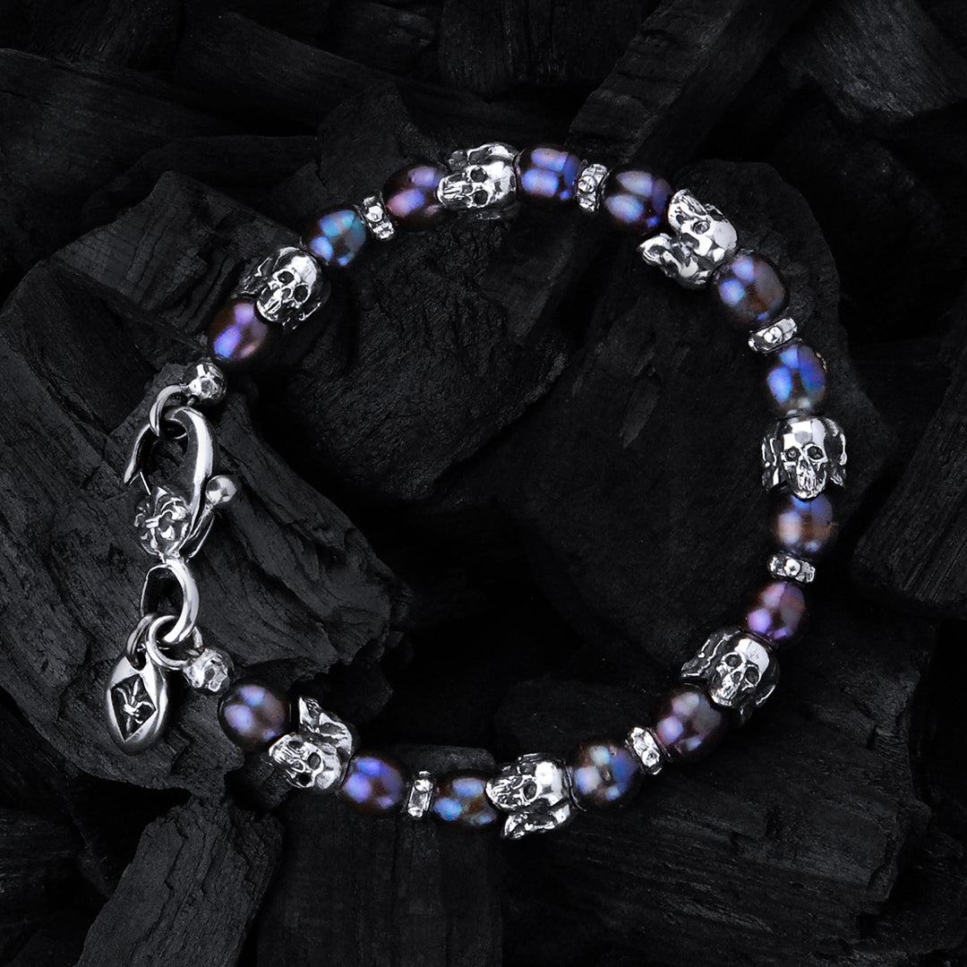 Silver Bracelet with Triple Small SKULLS and Beads or Pearls 8