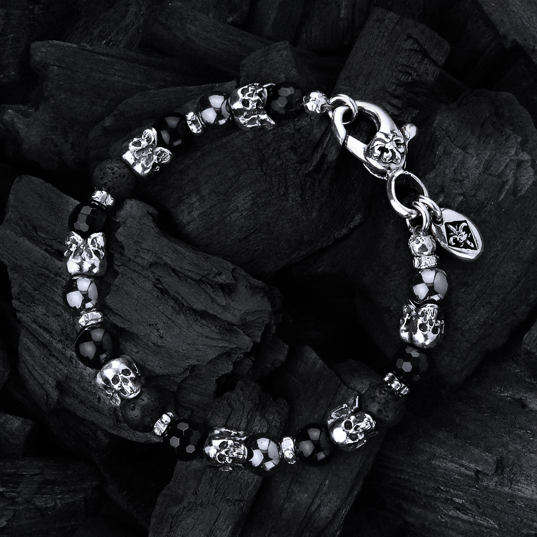 Silver Bracelet with Triple Small SKULLS and Beads or Pearls 8