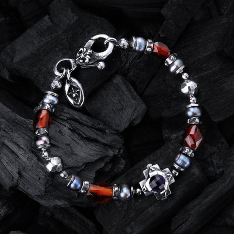 Silberarmband mit Perlen, Achteck-Kreuz und Steine, Rocks und Perlen