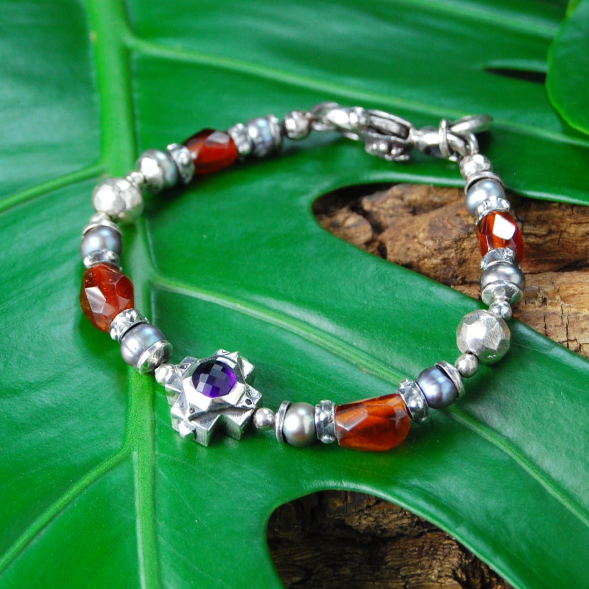 Silver Bracelet Beads OCTAGON CROSS and STONE ROCKS and PEARLS