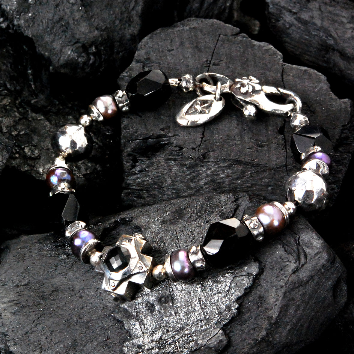 Silver Bracelet Beads OCTAGON CROSS and STONE ROCKS and PEARLS