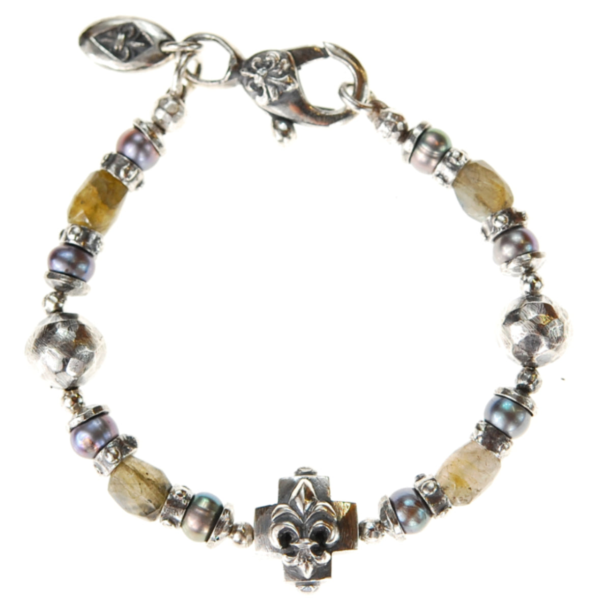 Silberarmband mit Perlen, griechischem Lilienkreuz und Stein Rocks und Perlen