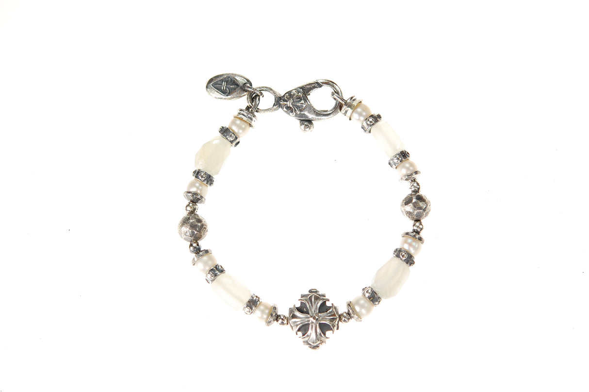 Silberarmband mit Steinperlen MALTESER KREUZ und STEIN Rocks und echten PERLEN