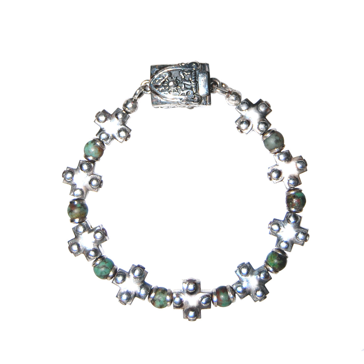 Silver Bracelet Beads and GREEK CROSSES Row with Shield Lock