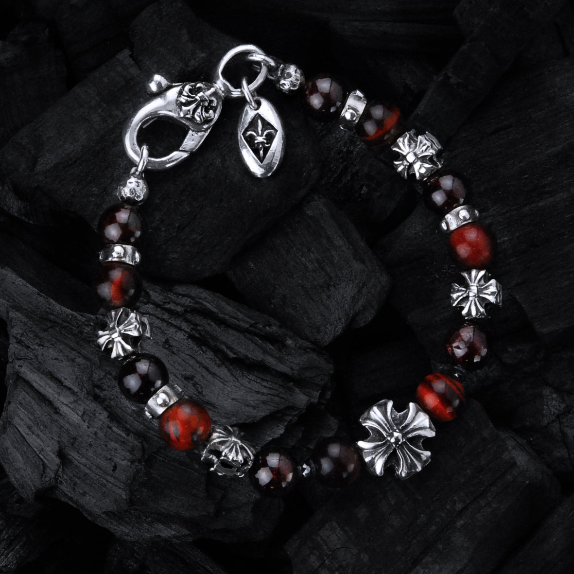 Silberarmband mit griechischen MALTESER-Kreuzen und Stein Perlen 08