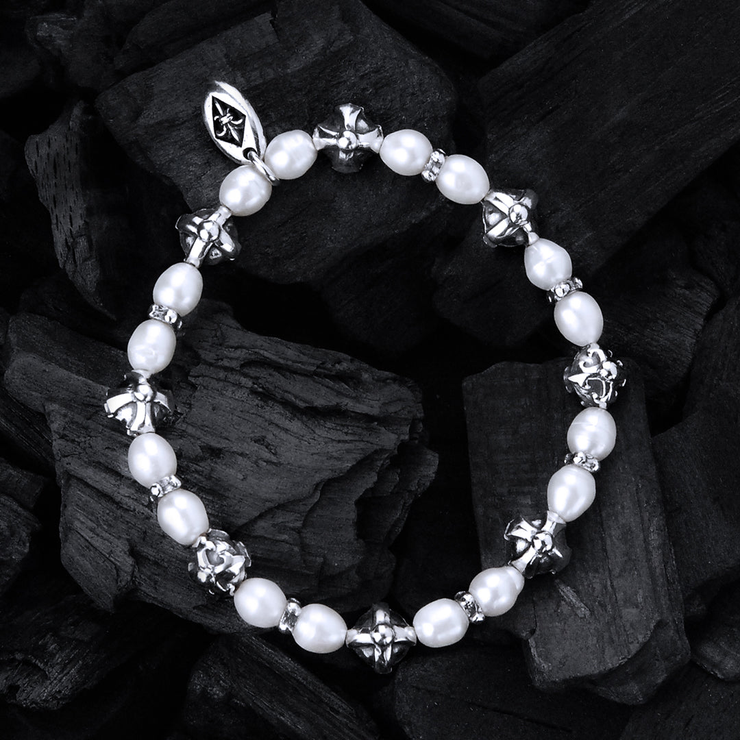 Silver Bracelet with 8 mm Cross Balls plus Pearls on Rubber