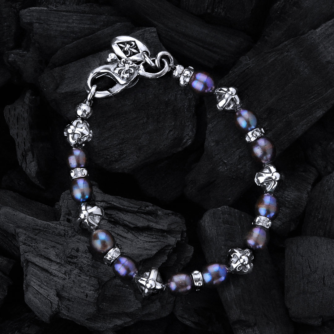 Silberarmband mit 8 mm großen Kreuzkugeln und echten Perlen