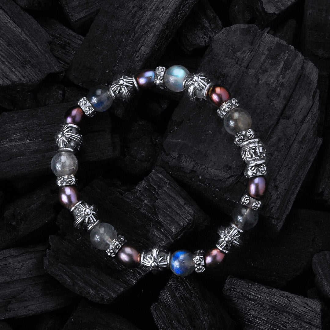 Silver Bracelet with MORNING STAR Barrels and Beads or Pearls on Rubber