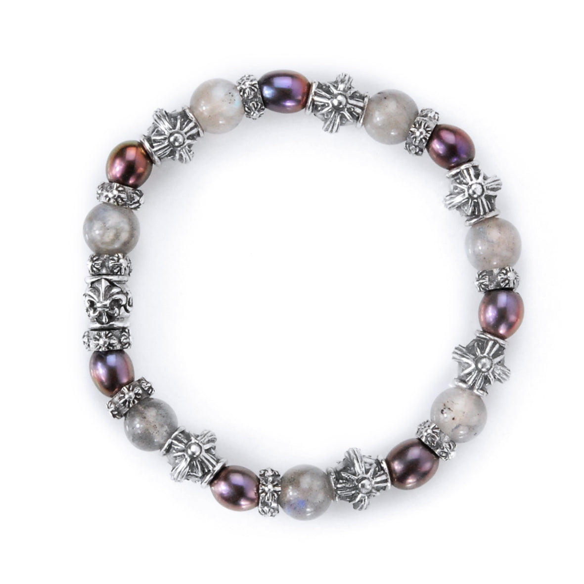 Silver Bracelet with MORNING STAR Barrels and Beads or Pearls on Rubber