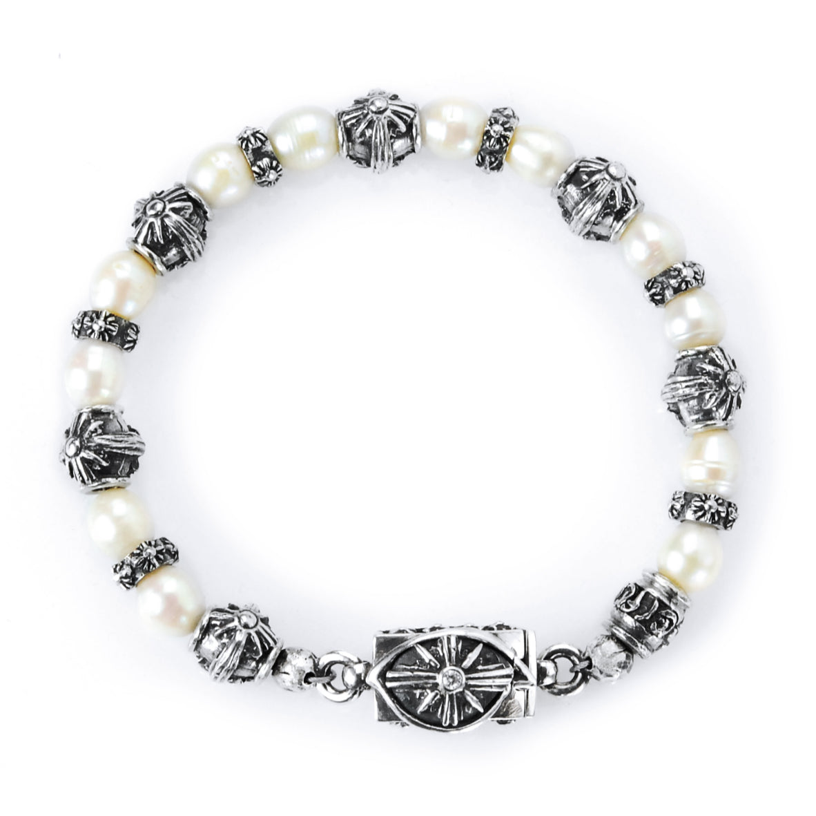 Silver Bracelet with THIRD EYE VIEW Lock + MORNING STAR Barrels and Beads or Pearls