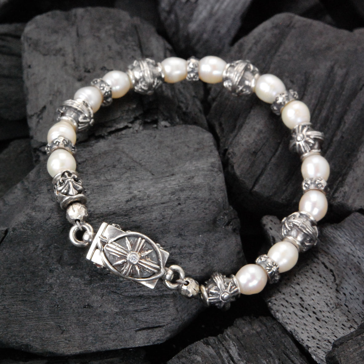 Silver Bracelet with THIRD EYE VIEW Lock + MORNING STAR Barrels and Beads or Pearls