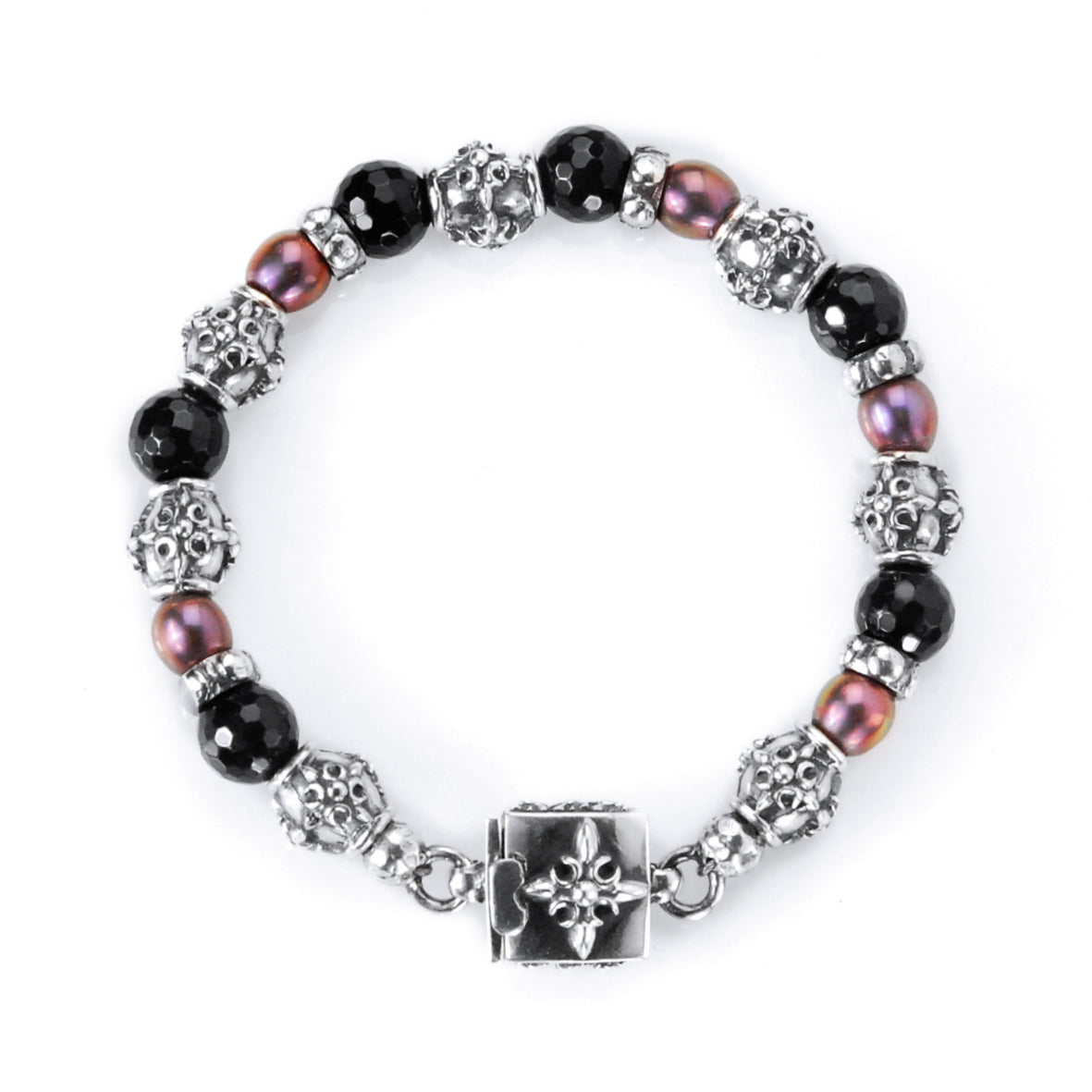 Silver Bracelet with CRESCENT STAR Lock + Barrels Tubes with Beads or Pearls