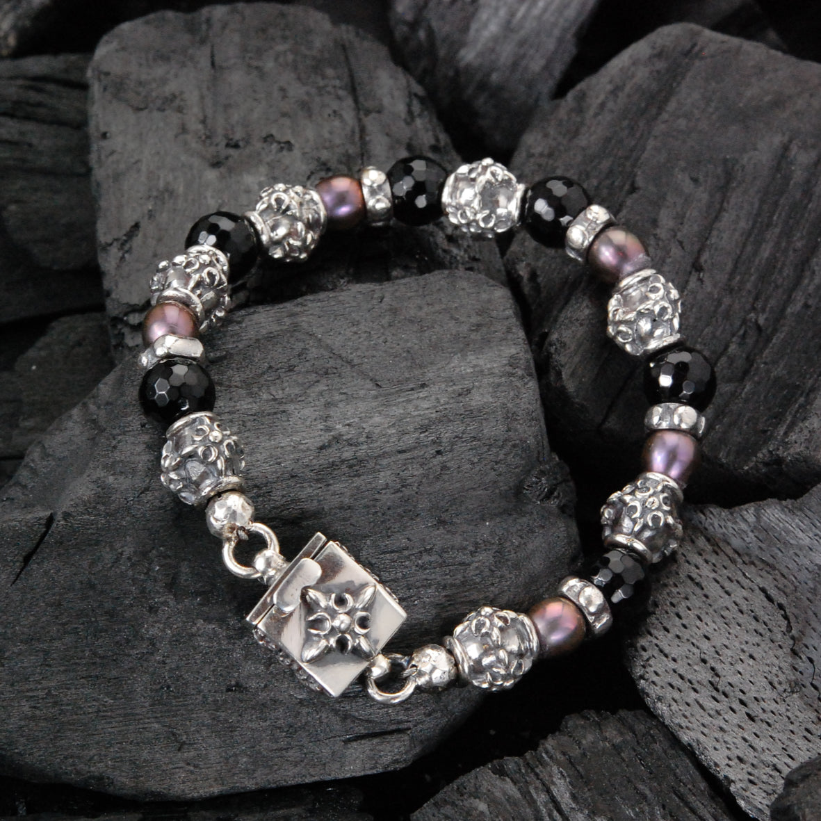 Silver Bracelet with CRESCENT STAR Lock + Barrels Tubes with Beads or Pearls