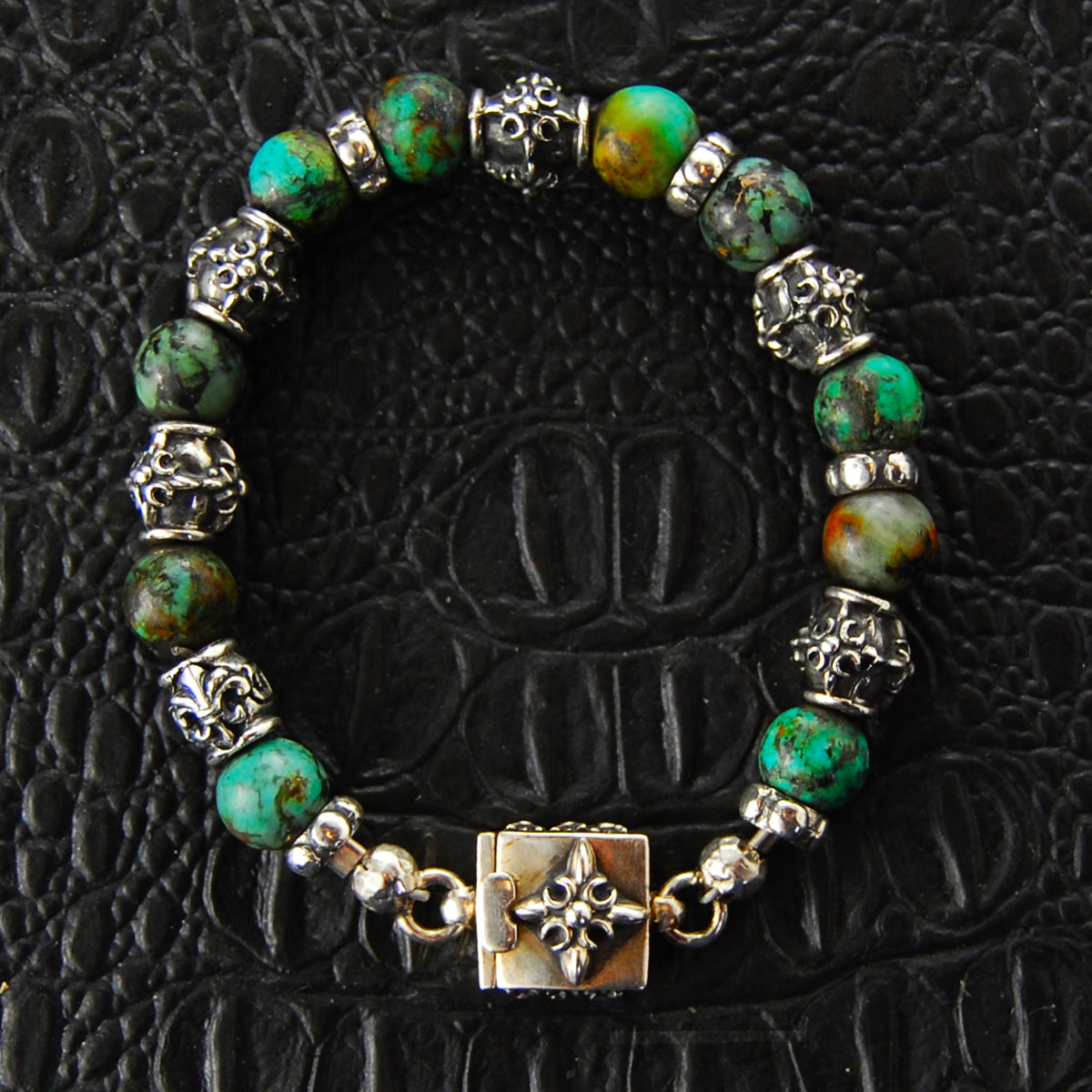 Silver Bracelet with CRESCENT STAR Lock + Barrels Tubes with Beads or Pearls