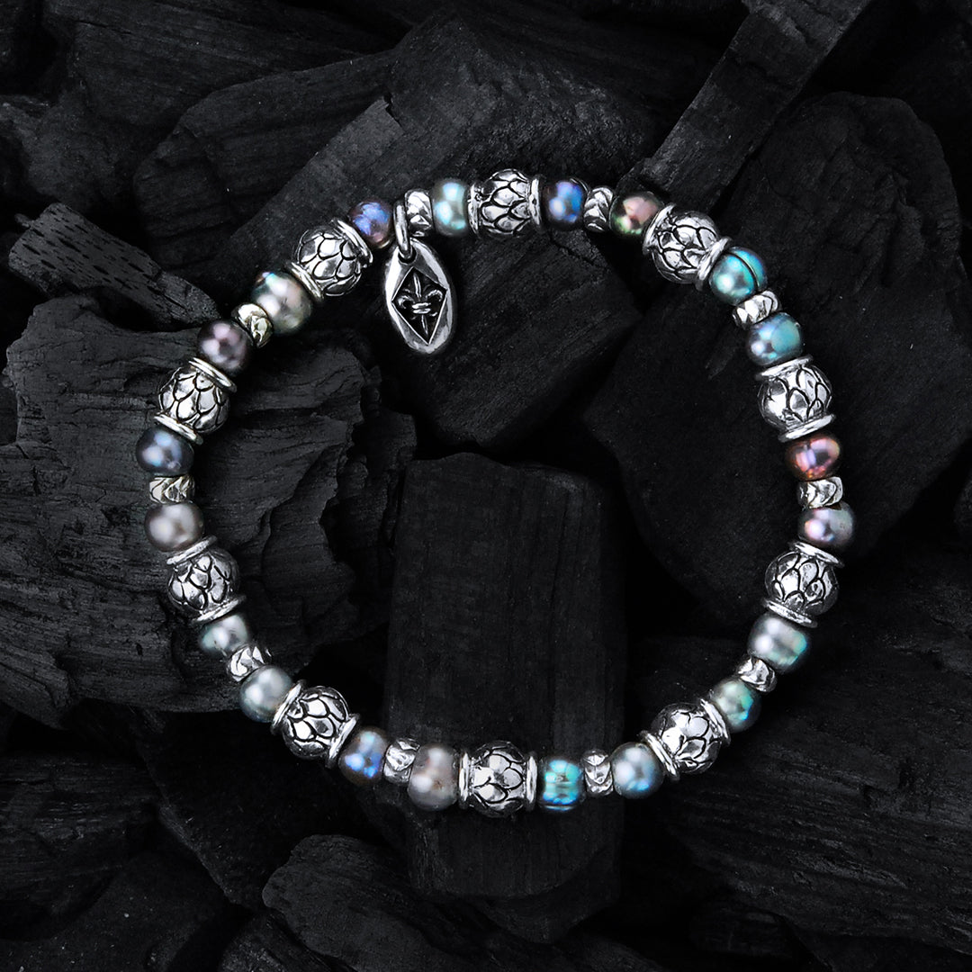 Silver Bracelet with DRAGON SCALES Barrels and Black Pearls 6 on Rubber