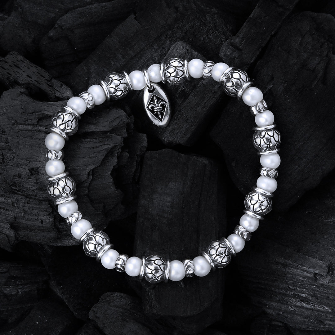 Silver Bracelet with DRAGON SCALES Barrels and Black Pearls 6 on Rubber