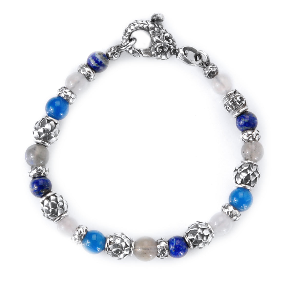 Silver Bracelet with DRAGON SCALES Barrels and Beads + Pearls with karabiner