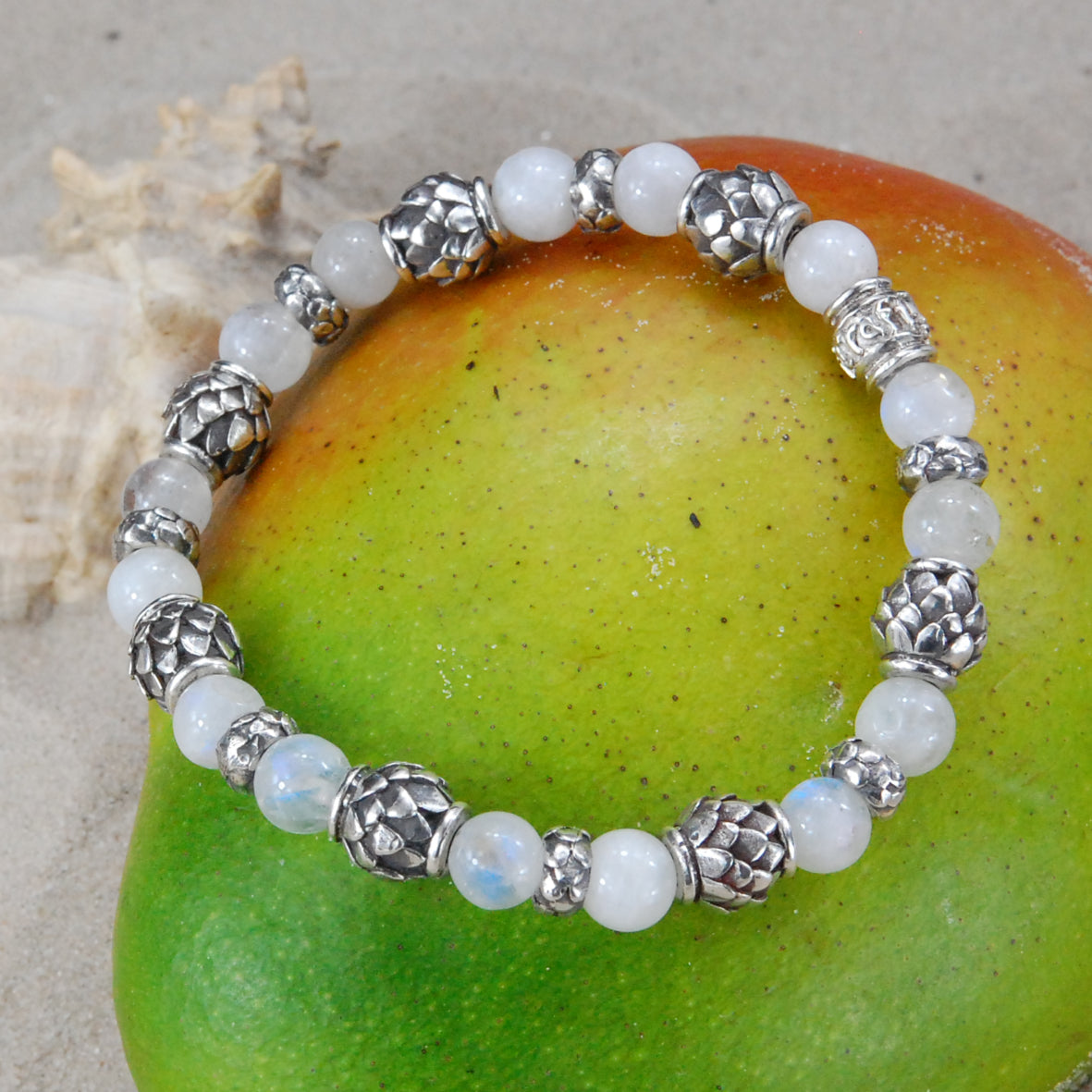 Silver Bracelet with DRAGON SCALES Barrels and Beads + Pearls 8 on Rubber
