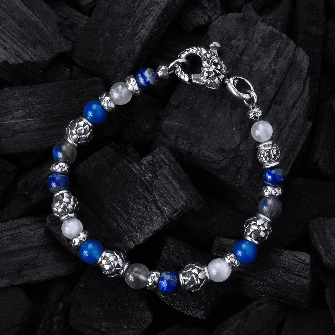 Silver Bracelet with DRAGON SCALES Barrels and Beads + Pearls with karabiner