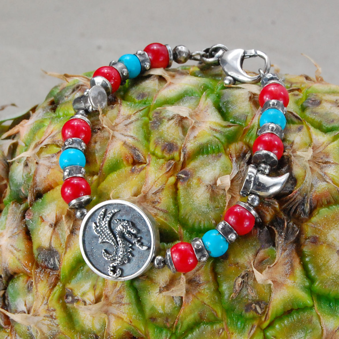 Silver Bracelet Beads DRAGON COIN and Teeth