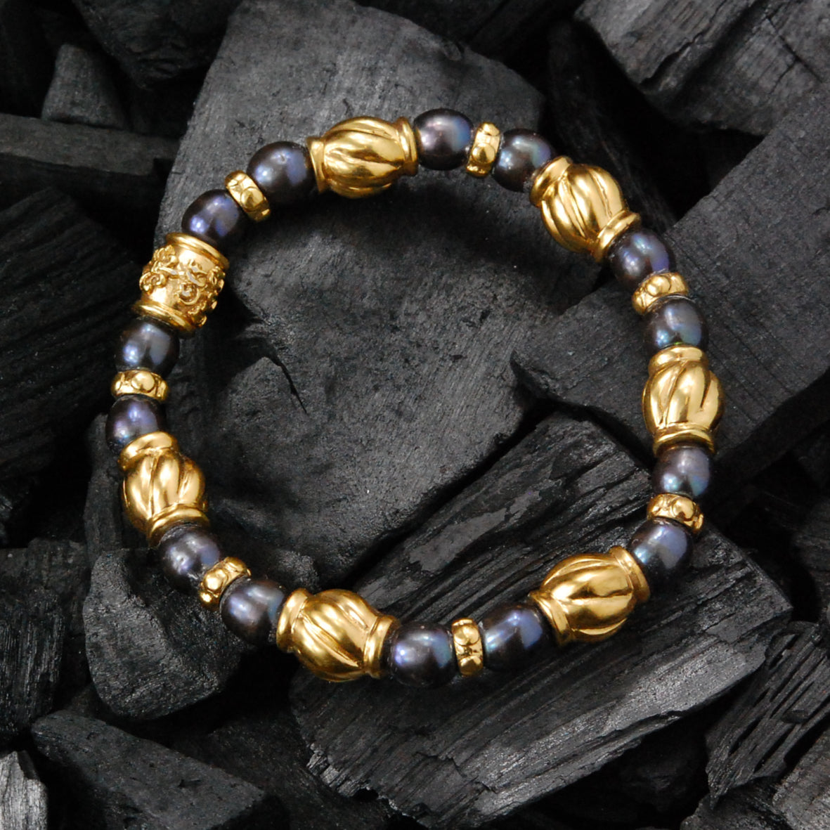 Silver Bracelet BEADS and SPIRAL BARRELS GOLD plated