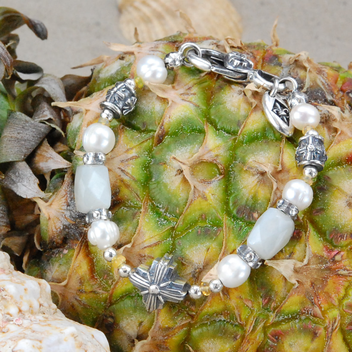 Silver Bracelet MORNING STAR CROSS and MOONSTONE ROCKS with Pearls and Opals